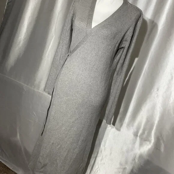 WAYF Ribbed Knit Gray Wrap Midi Dress size LWith Long Sleeves & Adjustable Tie B - Picture 4 of 9